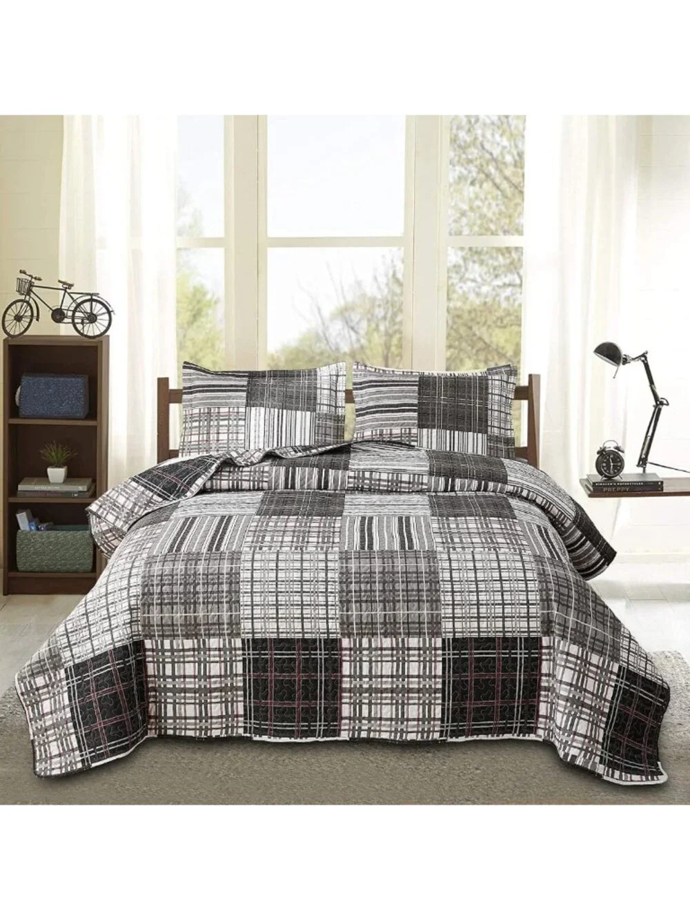 King Size Plaid Patchwork Quilt Set - Soft Reversible Bedding - Black, White